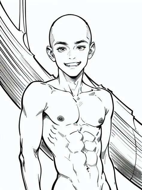 best quality, high resolution, (((clean background))), high contrast, line-drawing, monochromes, sketch, Pencil drawing, comic strip、manga comics, white background, clean line drawings, vibrant colors, undress, (((boy, solo, thin body))), (((bald))), ((nau...