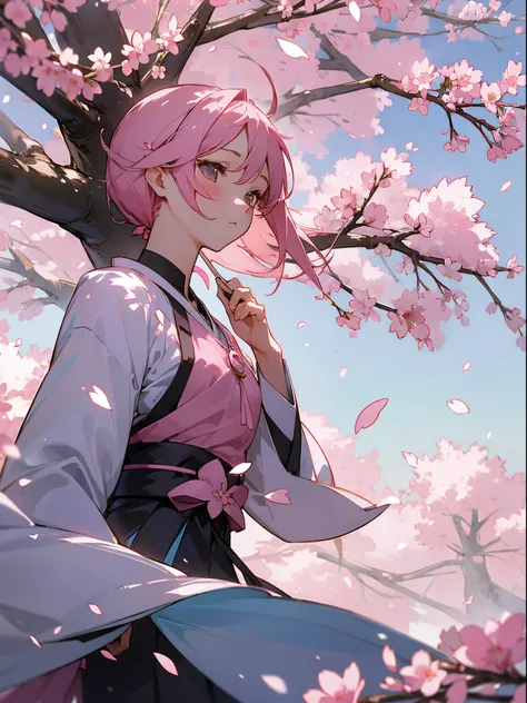 Anime wallpaper: A serene girl beneath a blooming Sakura tree, petals falling in a magical atmosphere. Sky transitions from pink to blue, creating a tranquil scene.