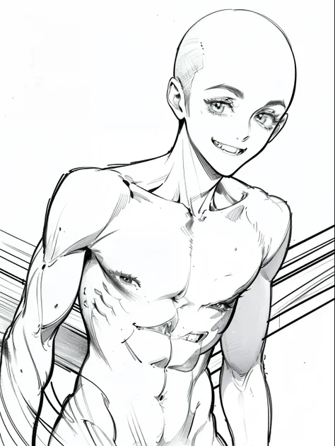 best quality, high resolution, (((clean background))), high contrast, line-drawing, monochromes, sketch, Pencil drawing, comic strip、manga comics, white background, clean line drawings, vibrant colors, undress, (((boy, solo, thin body))), (((bald))), ((nau...