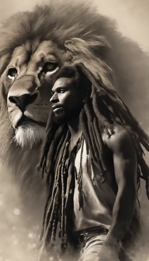 an image of a black man with dreadlocks walking next to a Rastafarian lion, Nenhum estilo de Russ Mills, Michael Garmash, charming sketches, mono-ha, Contemporary Asian art, Lilia Alvarado, Pincelada concisa --AR 69:128 --s 750 --V 5. 2, pinceladas nas cor...