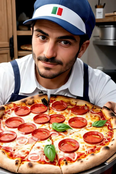 ((best quality)), ((masterpiece)), (detailed), perfect face, an italian plumber making a pizza