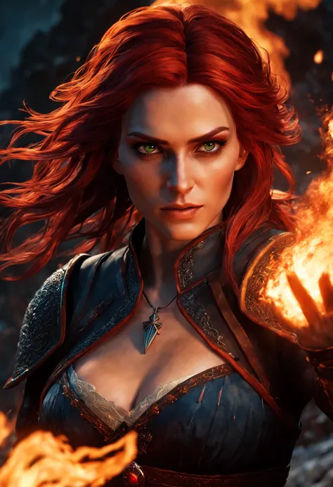 triss merigold,witcher 3 character,lava mountain,burning lava,floating embers,fire sparks,magical flames,glowing hands,casting a spell,concentration,focused,wind blowing her hair,determined expression,red hair flowing,elegant posture,beautiful detailed eye...