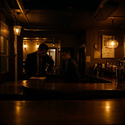 an male office worker who drinks alone in a dark bar, back to camera, picture taken from a distance, view from the doorway, bartender, gloomy atmosphere, dark, wide angle