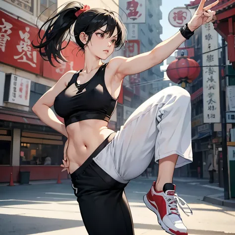 1girl in,Cute girl practicing tai chi,Black hair low ponytail,serious facial expression,tre anatomically correct,Precise fingers,Slender but big breasts,erectile nipple,white tank tops,Black Kung Fu Pants,Sports sneakers,In Chinatown,Active Poses and Angle...