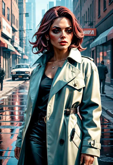 GTA STYLE，Grand Theft Auto ，heroineashion accessor、(shotgun)、wind coat，The Car，Future city streets，retro artstyle，shadows  and highlights，hight contrast，crime and danger、Tension and suspense、Reflections on the avant-garde and the low ebb、Shady、evocative co...