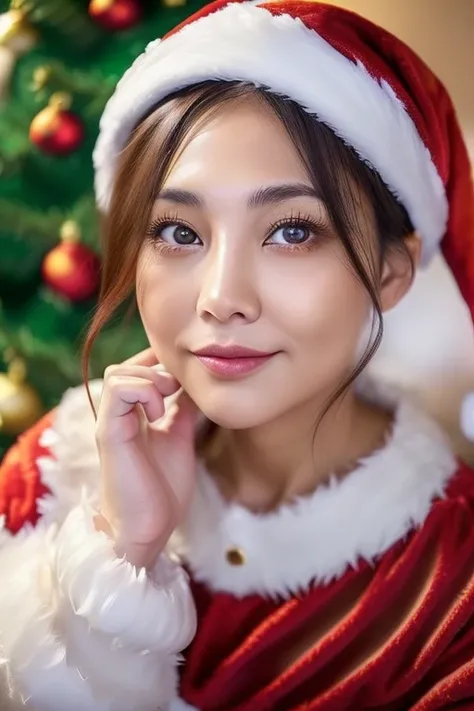 (((1 rather plump Japanese))) light skinned, ((Women around 48 years old)),A dark-haired,(((Wrinkles and sagging on the face and body))),Dark brown eyes are characteristic, (Christmas、Christmas tree、(((Santa Claus Costume)))), Beautiful,(hotel), Ultra Shar...