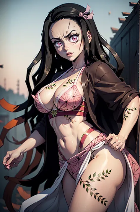 (foto ultra realista de Nezuko kamado deusa da beleza, Olhos cor-de-rosa brilhantes, Angry and angry expression, ela tem um chifre, 8k, UHD, hottie com seios ultra gigantes, enormes seios longos saindo de seu quimono, Erotic, com longos cabelos pretos e po...