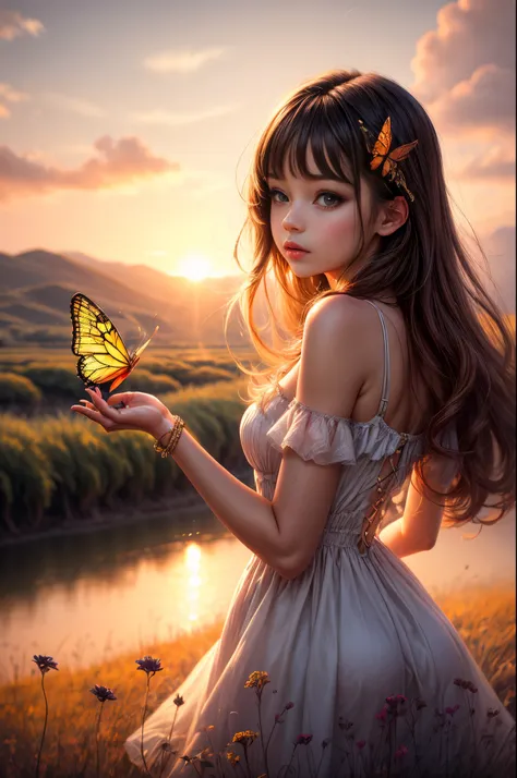 "((Innocent)) girl, golden hour, dreamy meadow, ethereal, whimsical, flowing dress, soft sunlight, enchanting, butterfly wings, (pastel clouds), liquid reflections