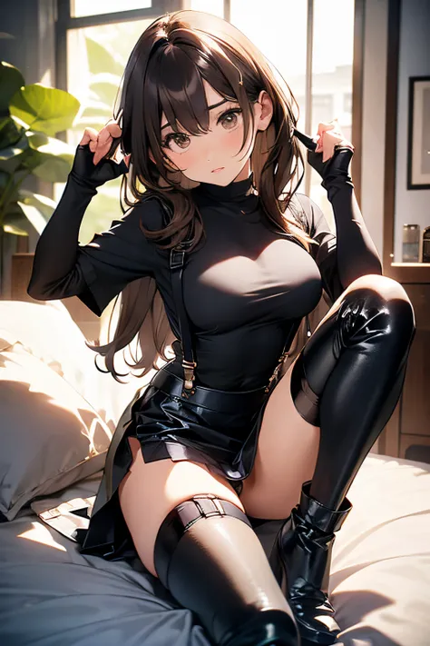 Brown hair、watching at viewers　　　black suspenders　　　Bulging big breasts　　 　 　　　walls: 　Black miniskirt　garters　　　　　　Gaze　　　Small face　bangss 　　　holster　　　Beautuful Women　　hands up　　Leg holster lying on the bed　　Gaze 　black boots panty shot