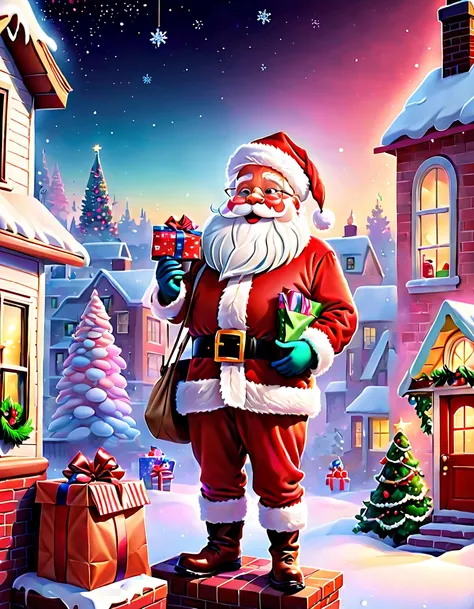 pixar-style, (Faraway view: 1.8), (USA - Chic American Santa Claus, Anatomically correct, Christmas elements), (Snowy night in Christmas town)，((Cute Santa Claus holding list and bag of gifts, Stand on the roof，Trying to climb into the chimney, Christmas t...