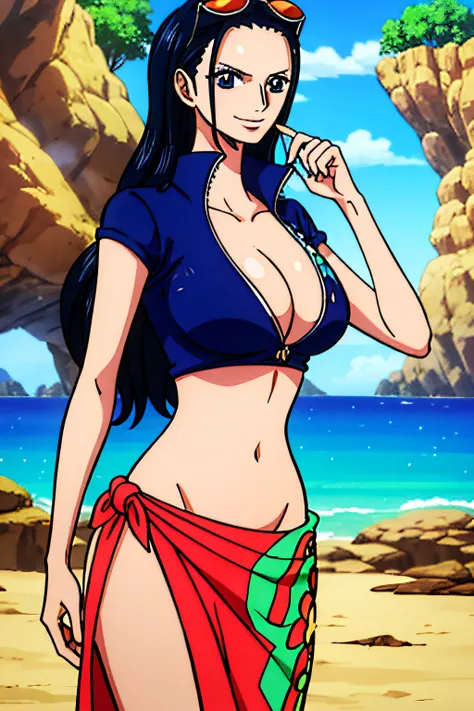 nico robin de one piece, pelo negro de maruca, ojos azules, pupilas anchas y oscuras, sonriente, pechos grandes, oversized tits,...