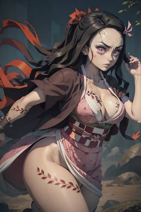 (foto ultra realista de Nezuko kamado deusa da beleza, Olhos cor-de-rosa brilhantes, Angry and angry expression, ela tem um chifre, 8k, UHD, hottie com seios ultra gigantes, enormes seios longos saindo de seu quimono, Erotic, com longos cabelos pretos e po...