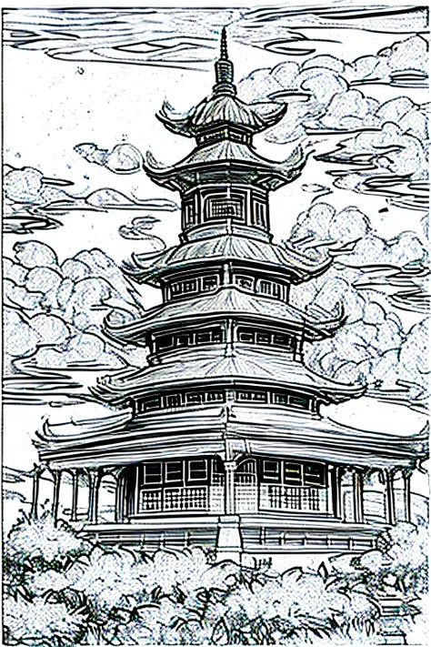 ancient buildings of china, black line art ink, outline only, great for coloring book pages, landscape painting style