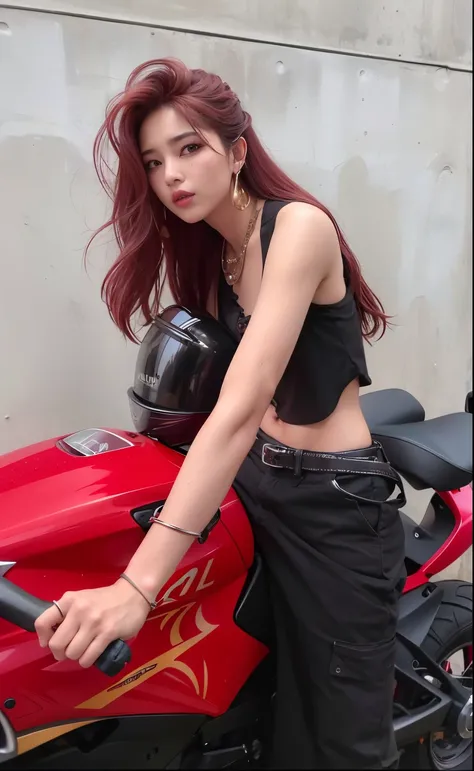 mulher arafed em top preto e saia sentada na motocicleta vermelha, cruel korean goth girl, jia, jossi do blackpink, sentado em uma motocicleta, preto e vermelho, com longos cabelos ruivos, sentado em moto cyberpunk, com cabelos ruivos, pale red, Jinyoung C...