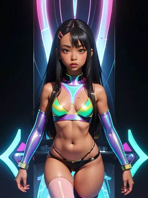 ((full body hyper realistic character concept, full shot, solo, 1girl, masterpiece, Best quality)), (ultra-detailed, detailed: 1.4), 3D, cyberpunk, nagatoro hayase, long black hair, hairclip hair ornament, (egyptian gyaru bimbo, african bimbo gyaru, thin t...