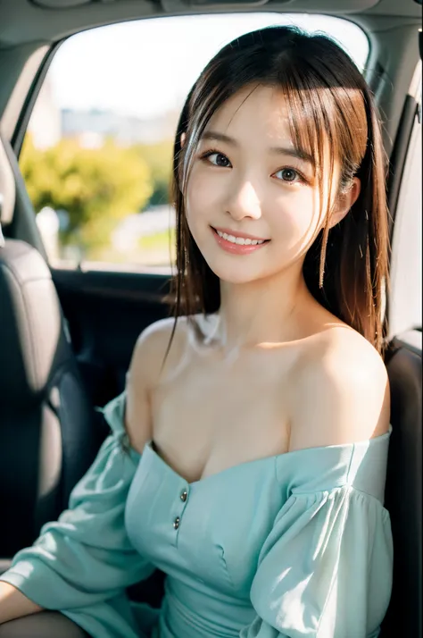 ulzzang -6500-v1.1, (Raw photo:1.2), (Photorealsitic), a beautiful detailed girl, (Real:1.4), extremely detailed eye and face, ((wear a puff_Dress, 1 shoulder_Dress:1.3, super realistic pantyhose:1.2))、((Car Seats:1.2)), Looking out the window、selfee, Inst...