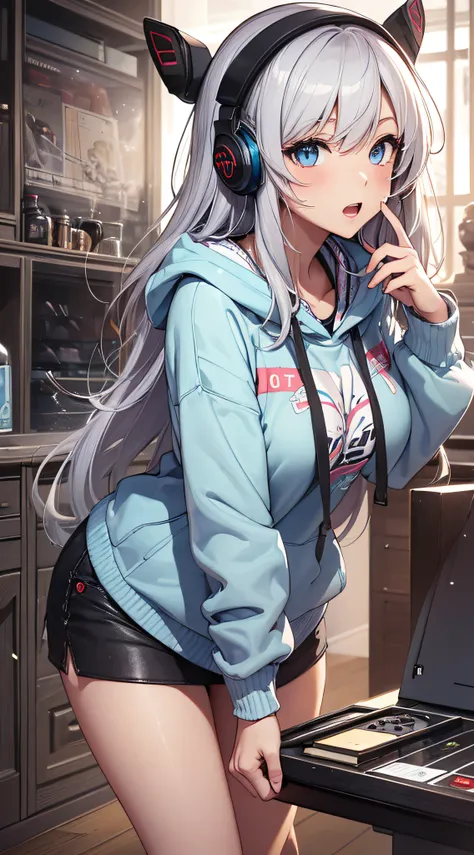 top-quality、Top image quality、​masterpiece、teens girl((Blue Hoodie、black trousers、18year old、 Ager、Best Bust、big bast,Beautiful light blue eyes, Long silver hair、A slender,Large valleys、Reflecting the whole body、Leaning forward、Attach the VR head、have a VR...