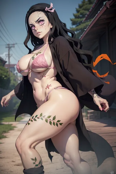 (foto ultra realista de Nezuko kamado deusa da beleza, Olhos cor-de-rosa brilhantes, Angry and angry expression, ela tem um chifre, 8k, UHD, hottie com seios ultra gigantes, enormes seios longos, pink micro bikini, Erotic, com longos cabelos pretos e ponta...