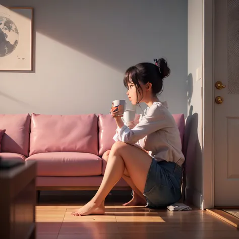 3d style Cartoon,Na acolhedora sala de sua casa, the girl drinks coffee. Os raios do sol adentram pela janela, illuminating delicate furniture. As paredes decoradas com quadros transmitem aconchego, while the girl smiles with hope as she starts the day. --...