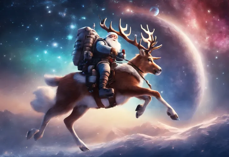 Santa Claus flies through the sky with his reindeer，Huge moon background，depth of fields，artwork of a，ultra - detailed，4K分辨率，high high quality，电影灯光，High picture detail，Detailed pubic hair，Epic graphics