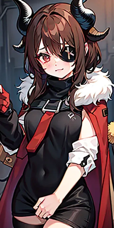 The girl has brown hair, black horns and an eyepatch on her left eye and is dressed as a fur-bearer on the portal