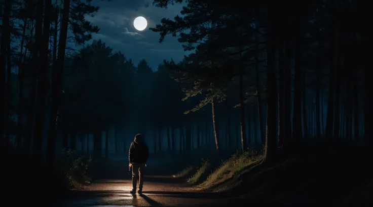 Un homme, hoodie, backview, Pleut, route in the forest, Dans le noir, illuminated by the moon