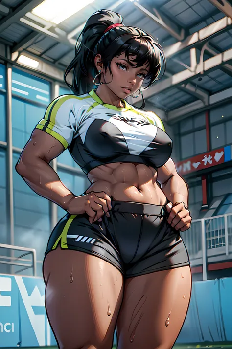 masterpiece, 1girl, from below

((dark skin)), tall, earrings, brown eyes, full lips, huge breasts, (((nagatiti))), (((thick thighs))), (((wide hips))), long flowing hair, (ponytail with bangs), tight track bra, tight track shorts, ((running)), track field...