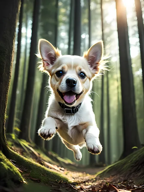 close-up photo of a very cute jumping puppy in the forest, soft volume light acklit:1.3), (cinematic:1.2), complicated details, ...