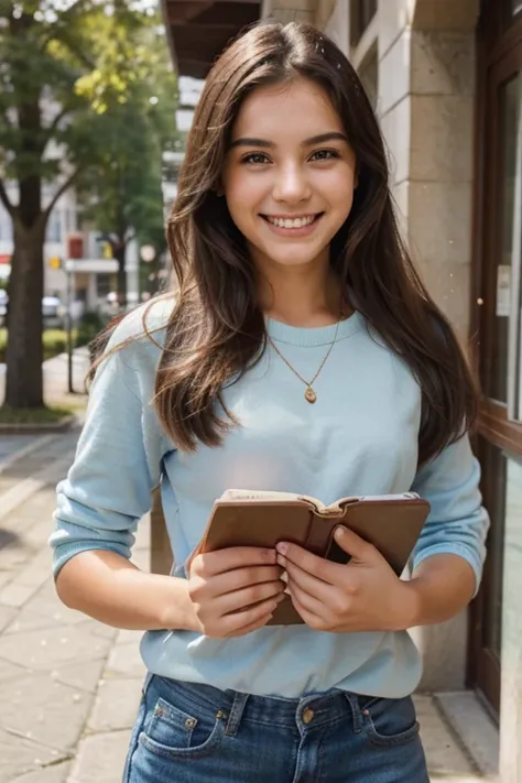 write a 25 year old good looking student holding books with a cheerful smile