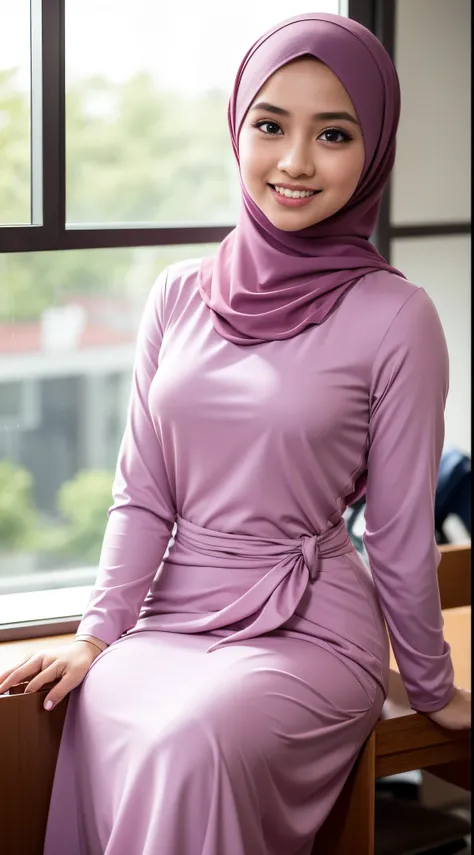 Malay girl in hijab wear baju kurung, pastel color, seating in university classroom, front view, detail skin, detail skin texture, mole below eyes, small breast, big hip, big waist, big thigh, slim abs, beautiful body, evening, laughing, happy, bright ligh...