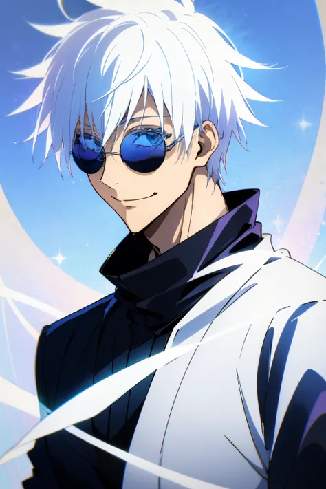 male people、white hair、a smile、blue eyess、black clothe、wearing round sunglasses