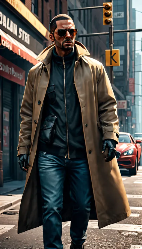 GTA STYLE，chumbo masculino，fashion accessor、shotgun、wind coat，sun glasses，The Car，Future city streets，retro artstyle，shadows  and highlights，hight contrast，crime and danger、Tension and suspense、Reflections on the avant-garde and the low ebb、Shady、evocative...