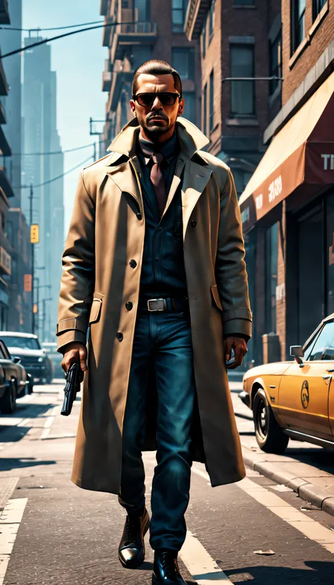 GTA STYLE，chumbo masculino，fashion accessor、shotgun、wind coat，sun glasses，The Car，Future city streets，retro artstyle，shadows  and highlights，hight contrast，crime and danger、Tension and suspense、Reflections on the avant-garde and the low ebb、Shady、evocative...