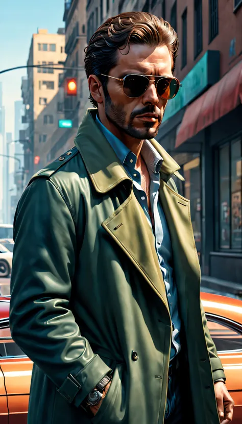 GTA STYLE，chumbo masculino，fashion accessor、shotgun、wind coat，sun glasses，The Car，Future city streets，retro artstyle，shadows  and highlights，hight contrast，crime and danger、Tension and suspense、Reflections on the avant-garde and the low ebb、Shady、evocative...