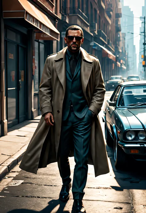 GTA STYLE，chumbo masculino，shotgun, wind coat，sun glasses，The Car，Future city streets，retro artstyle，shadows  and highlights，hight contrast，crime and danger、Tension and suspense、Reflections on the avant-garde and the low ebb、Shady、evocative composition。(Be...