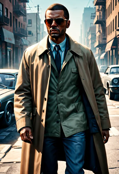 GTA STYLE，chumbo masculino，shotgun, wind coat，sun glasses，The Car，Future city streets，retro artstyle，shadows  and highlights，hight contrast，crime and danger、Tension and suspense、Reflections on the avant-garde and the low ebb、Shady、evocative composition。(Be...