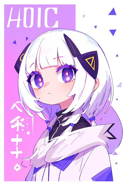 (the main part, best quality:1.2), 1 girl, there  a small purple horn on the hair, big white hair, a purple eye, white and light...