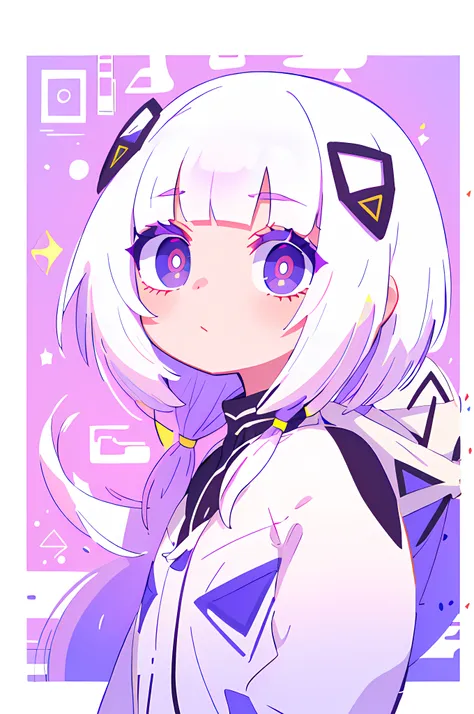 (the main part, best quality:1.2), 1 girl, there  a small purple horn on the hair, big white hair, a purple eye, white and light...