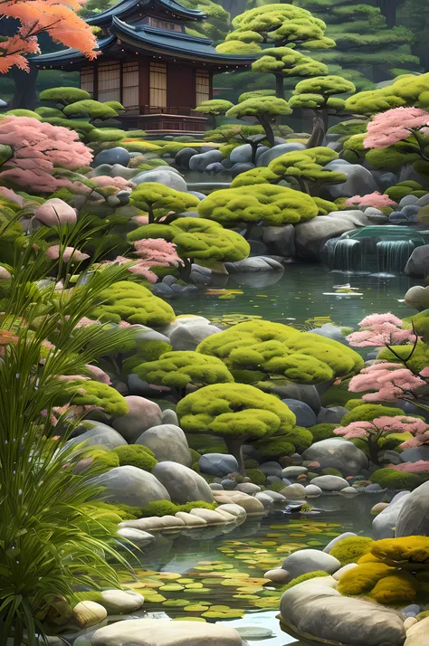 japanese dwarf pine, (ikebana:1.1), japanese pond and garden on background, by charlotte grimm, japanese garden, sci-fi, cyberpunk, intricate, highly detailed, digital painting, artstation, illustration, art by artgerm and alphonse mucha, vibrant volumetri...