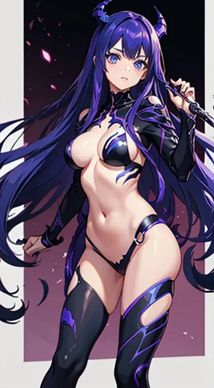 Young girl, long purple hair, blue eyes, blue symbiote costume, Venom, Carnage, blood, claws, masterpiece, high quality, open belly