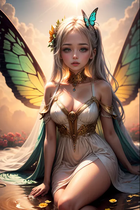 "((Innocent)) girl, golden hour, dreamy meadow, ethereal, whimsical, flowing dress, soft sunlight, enchanting, butterfly wings, (pastel clouds), liquid reflections