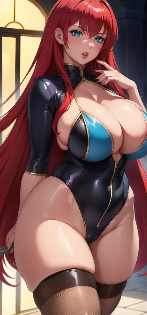 1girl, Rias Gremory, (((bimbo))), painted lips, thick lips, wide hips, thick thighs, huge ass, revealing cleavage, bubble butt, camel toe, huge breasts, posing, hands on breasts, nsfw, (best quality,4k,8k,highres,masterpiece:1.2), ultra-detailed, (realisti...