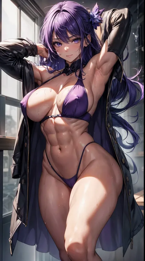 ((top quality, 8k, master piece: 1.3, Ultra HD | purple))), (purple eye color with clear gradations), purple nails, Erotic Facial Expression, mouth open gently, Both eyes close gently, (((Full body photo))), wet sweaty body, big chest, cleavage, Abs, Abdom...