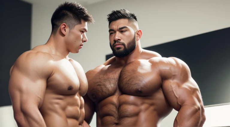 (Very detailed 8k wallpaper), two asian men, muscle worship, arms folded, At the gym, high detailing, buzzcut, very large and strong body, bulging muscles, well-muscled, very large pectoral muscles. Very sexy abs, legs are muscular, Toned figure, lightens ...