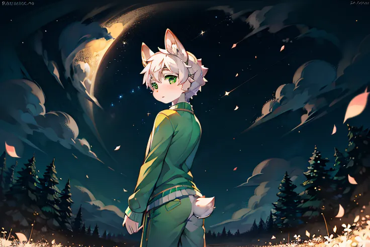 A white deer looks back，Green-eyed，deer antlers，in pajamas，light green decoration，starrysky，As estrelas，grassy fields， the shy，Peach blossom tree，Falling white petals，the only person，lovely boy，shota，nigh sky，natta，The vastness of the Milky Way，ornate back...