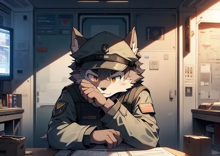 The expression  cold，Displeased，Serious，Tall guy，Wolf Clan，solidcolor，Dark gray hair，Golden pupils，Ultimate light and shadow，commander，Officers cap，((worn-out clothing，army suit)) ，((Combat command room，the only person))， ((the detail))