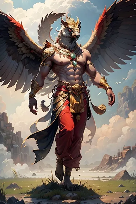 garuda bird, human male, bird head the head is probably a bird. has a bird's head, red feathers, red eye details, muscular body,...