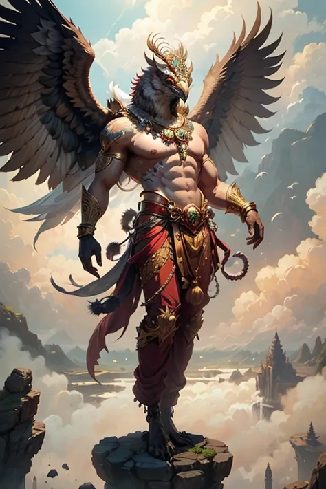 garuda bird, human male, bird head the head is probably a bird. has a bird's head, red feathers, red eye details, muscular body,...