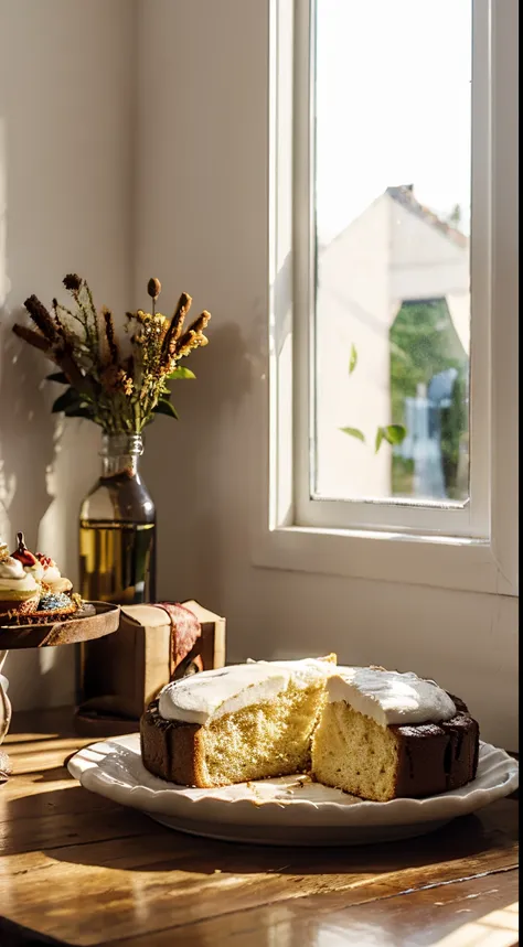 There  a bottle of white wine on the table、cupcakes and bread, Napkins and wine glasses,  Window lighting , Christmas decorations, Background curtains, Still life impasto painting , Bright background, Good sunshine