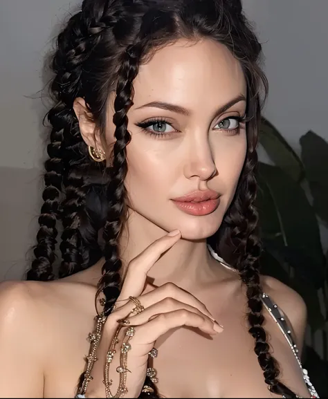 um close up de uma mulher com cabelos longos usando um colar, penteado pigtails, long braided hair on top of head, elegant fanta...